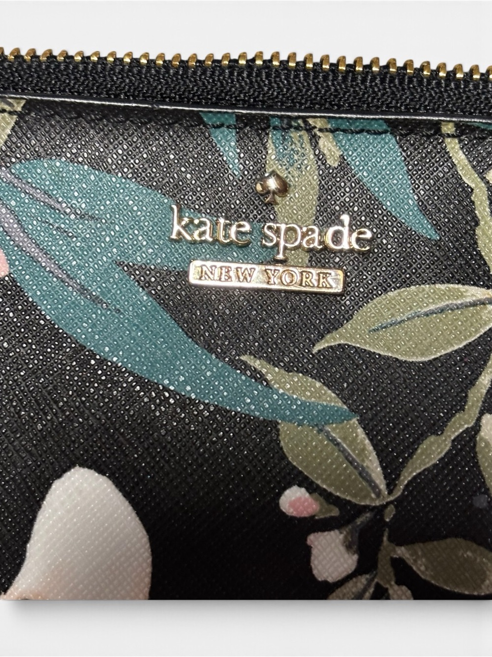 kate spade Black Floral Pouch with Cream Blossoms & Teal and Olive Leaves*